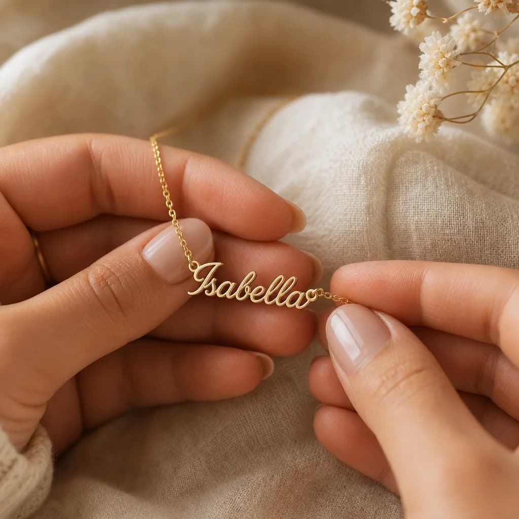 Hands holding a custom gold pendant necklace